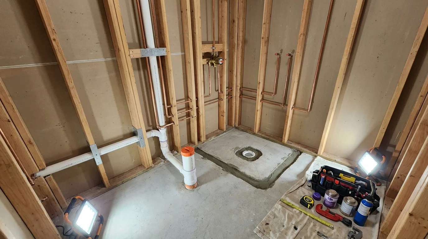 Bathroom rough-in plumbing during remodel by Johns Plumbing LLC in Fallsburg