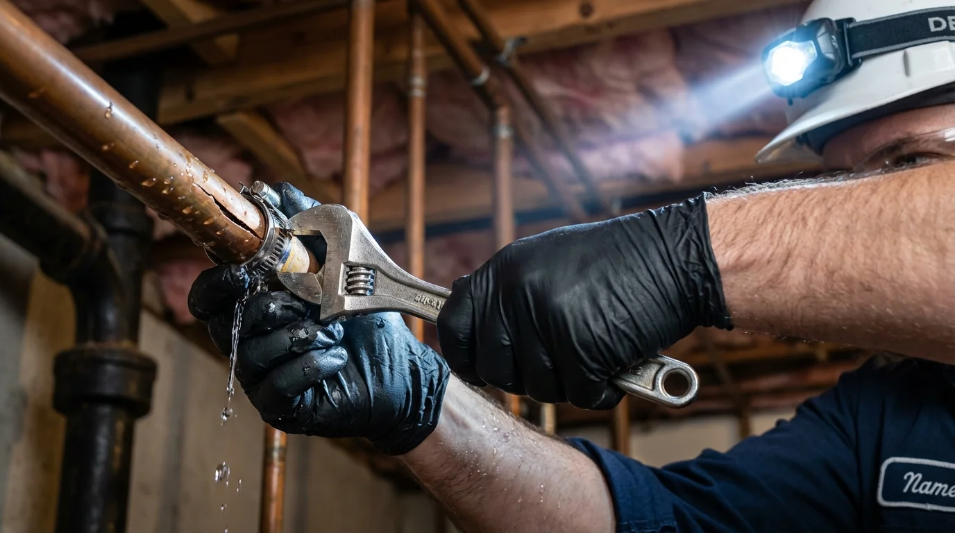 Emergency pipe clamp repair being performed by a Johns Plumbing LLC plumber in Fallsburg