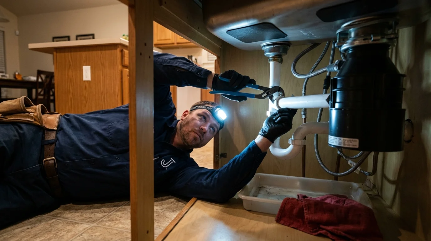P-trap and supply line connections under a kitchen sink showing a common leak point in Fallsburg, NY